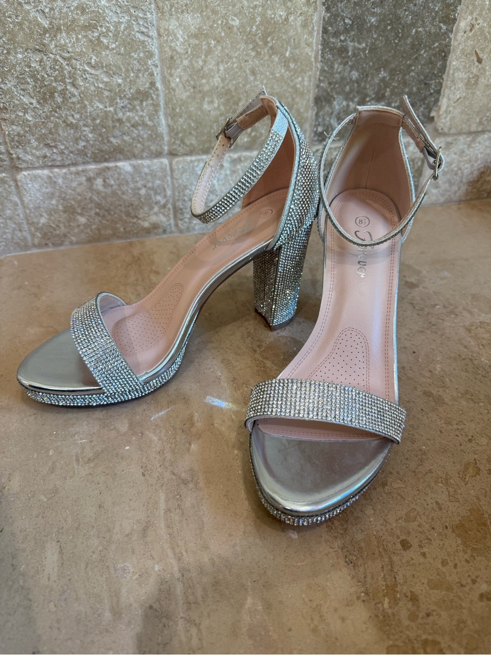 Forever New Silver Crystal-Embellished Block Heel Sandals